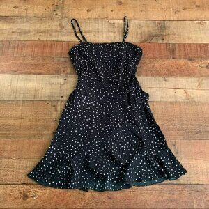 Princess Polly caesura wrap tie ruffled mini dress teal and white polka dot - 0